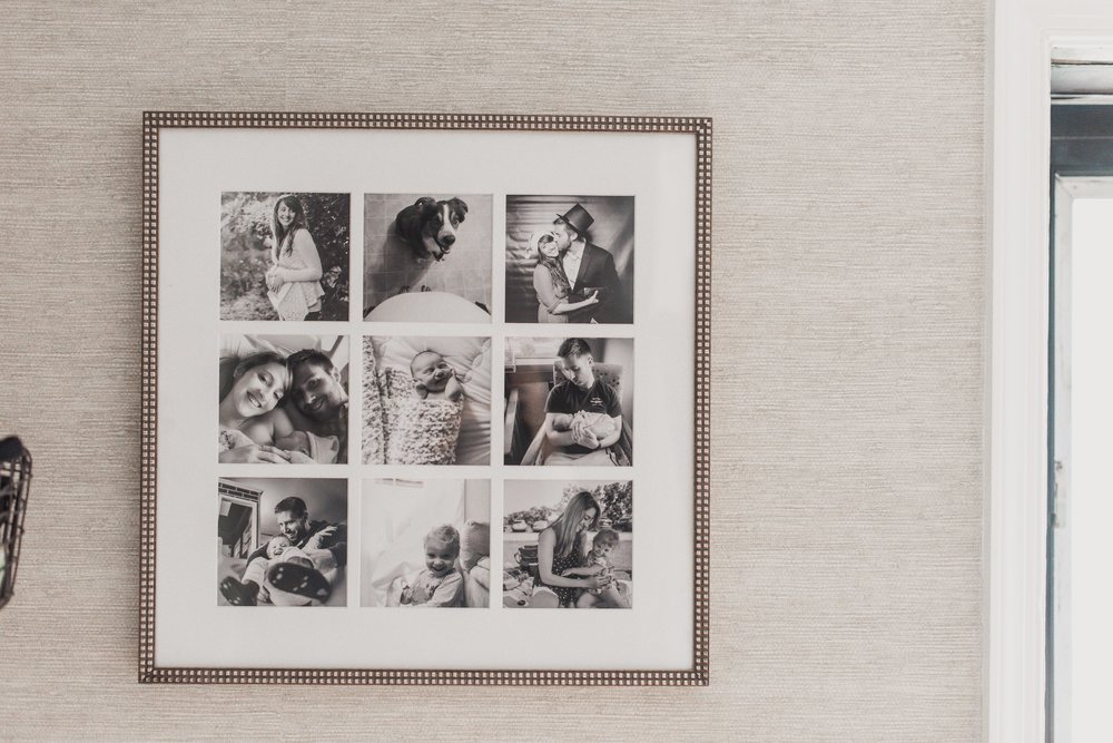Our personal storyteller frame, styled in our front entryway - Silver Audrey frame with all black and white photos