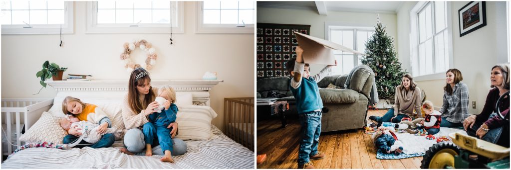 examples of lifestyle family photos at home on the bed and in the living room
