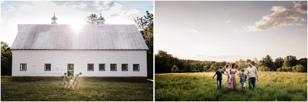 family photos in charlottesville va with barn and open field, mountain view