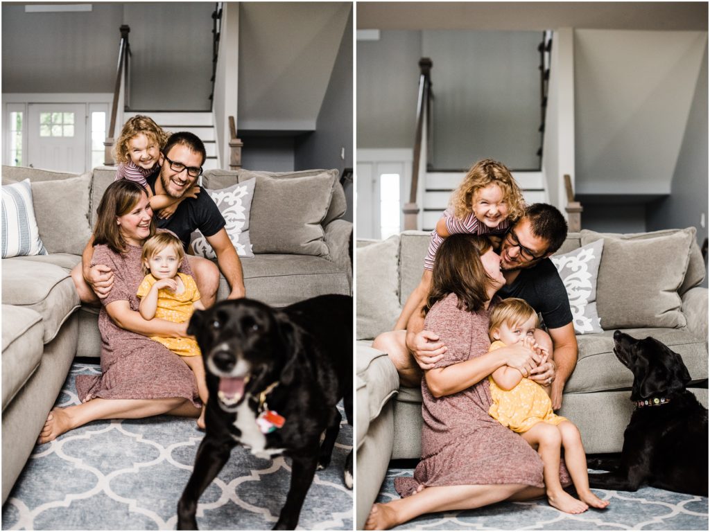 family photos at home with 2 girls and a dog
