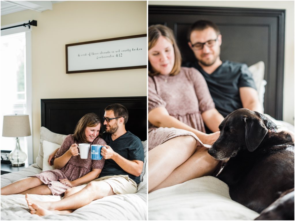 couples photos at home with dog on the bed