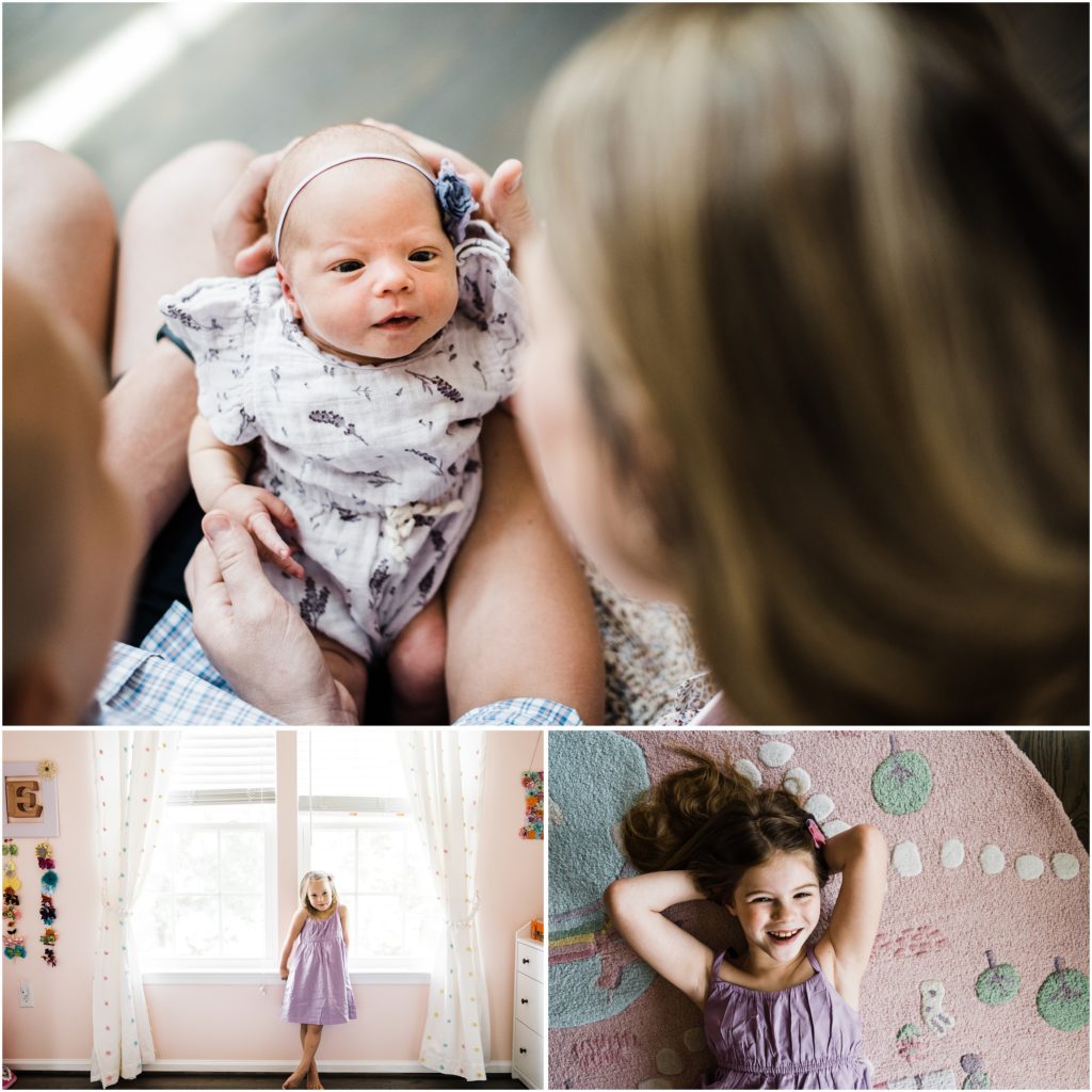 newborn session at home with 3 sisters, charlottesville newborn photographer
