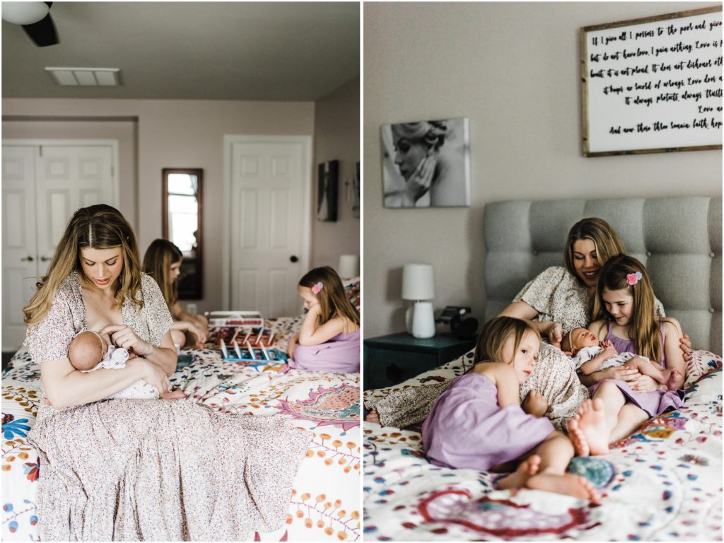 lifestyle newborn photos with 3 sisters