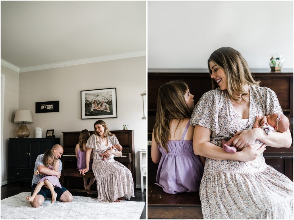 fun poses for family of 5 in newborn photos with siblings at home