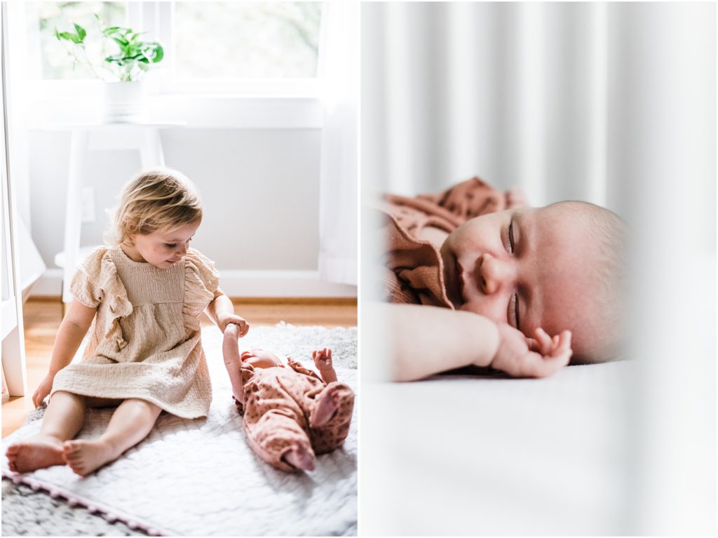 newborn photos with sibling girls in nursery