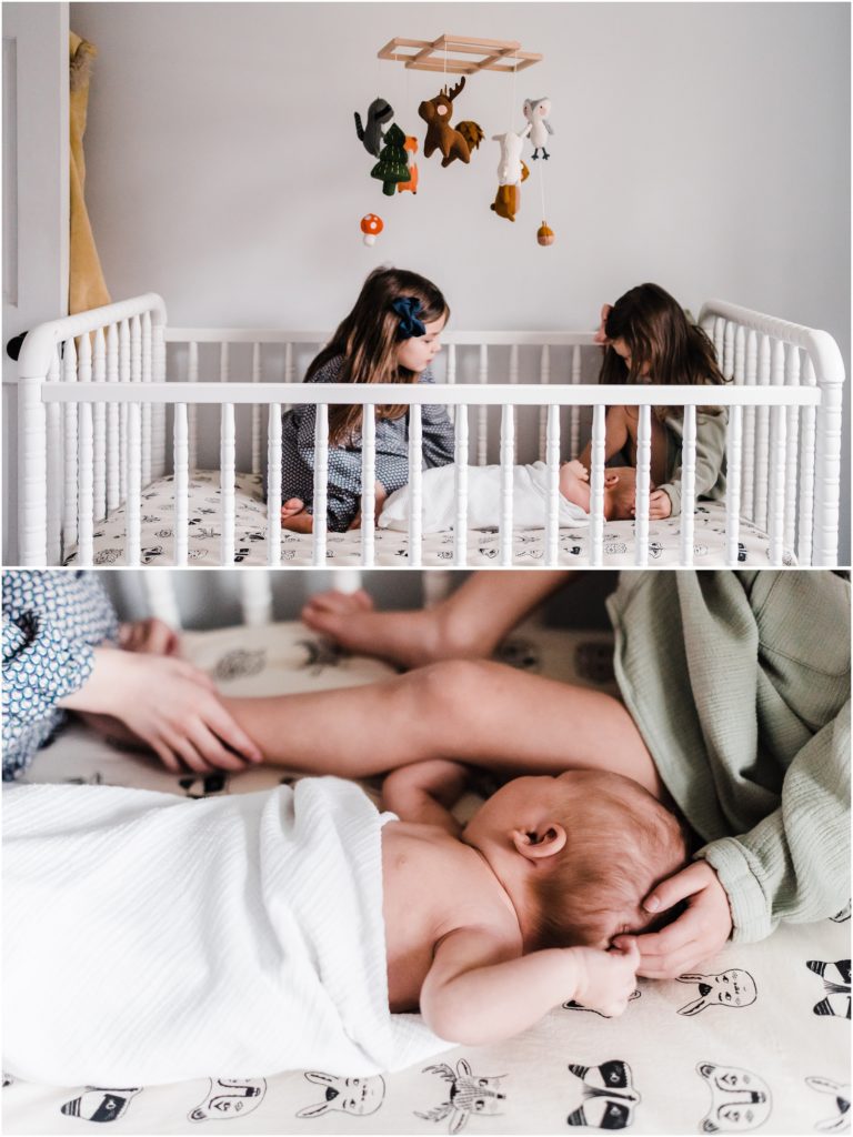 siblings sitting in crib with baby brother, charlottesville newborn photos at home
