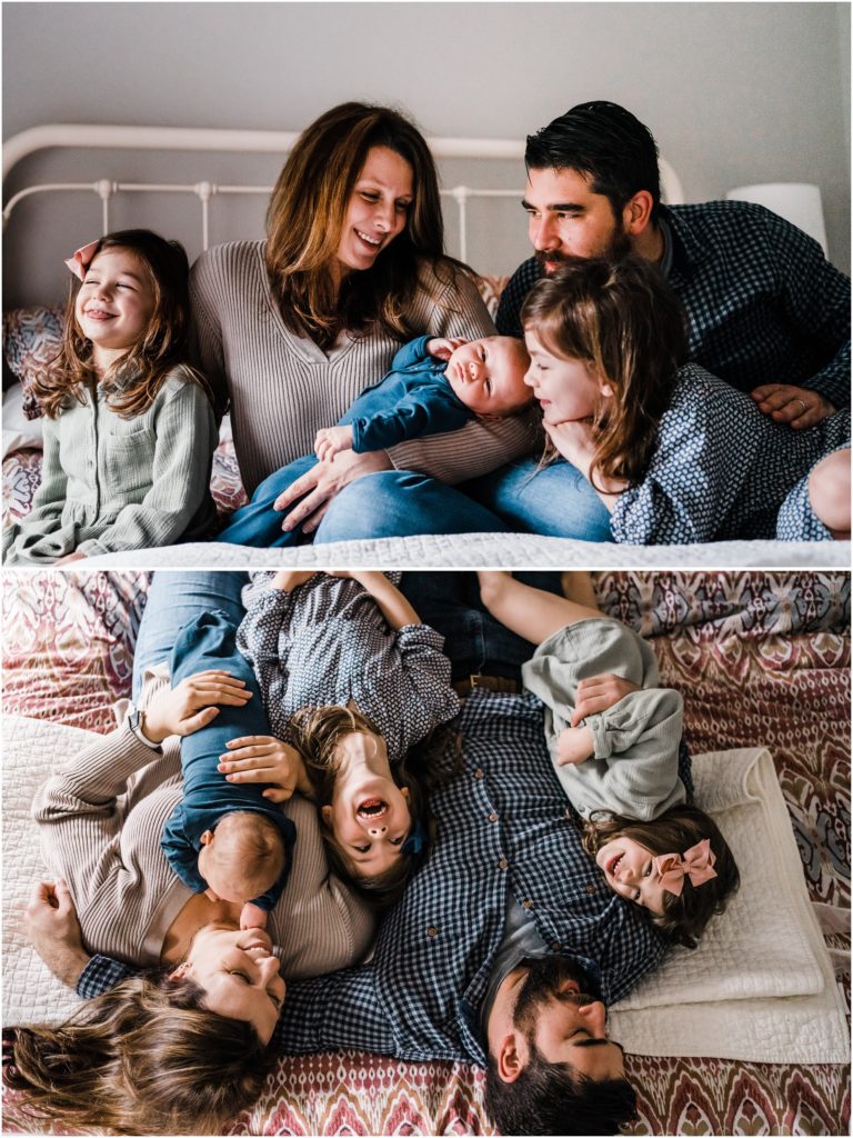 family of 5 lying on the bed, lifestyle newborn photos at home